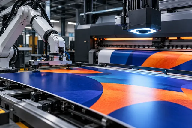 Automatiserad storformatsskrivare med robotarm och digital kvalitetskontroll
