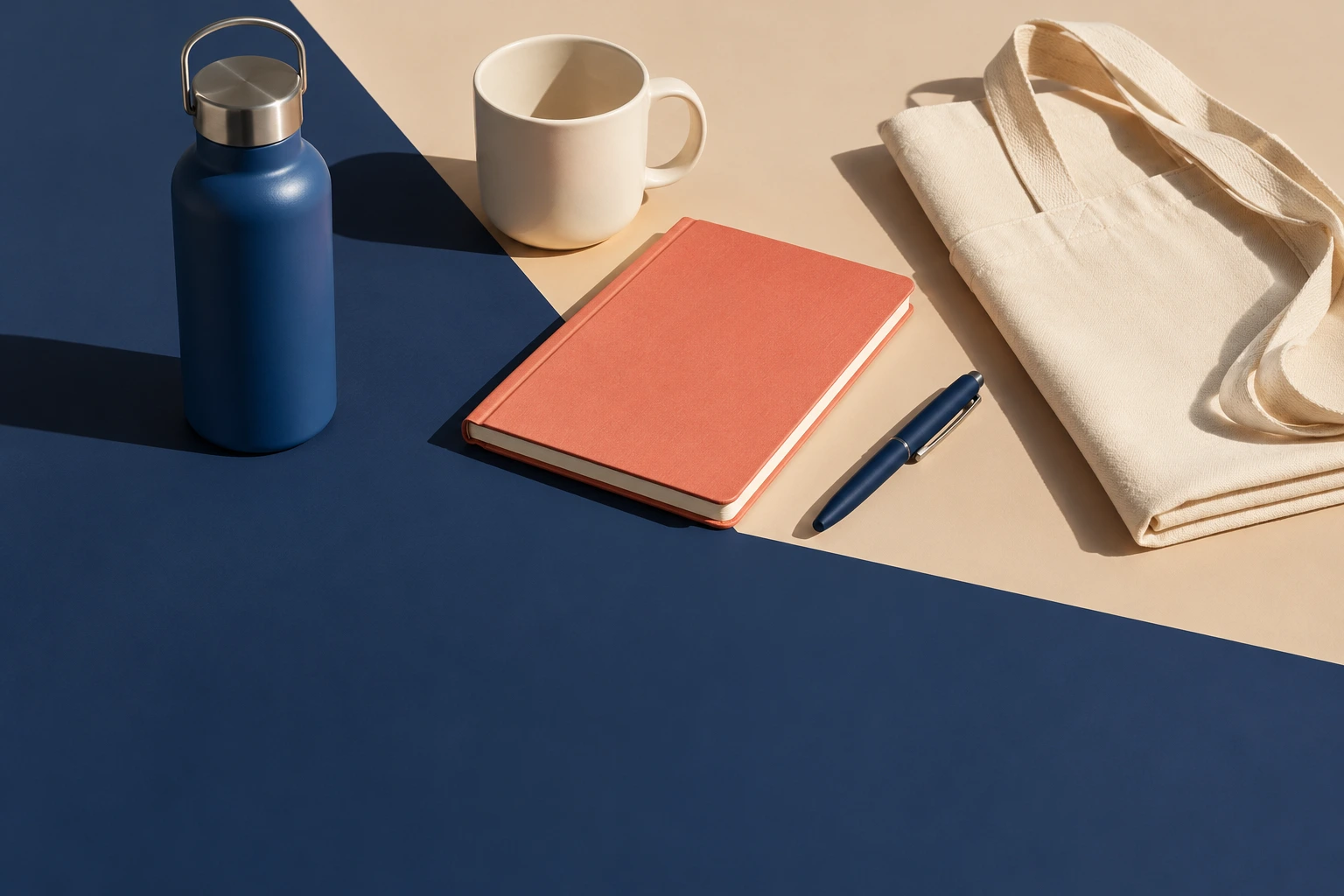Flaska, mugg, anteckningsbok, penna och tygkasse på blå och beige bakgrund.
