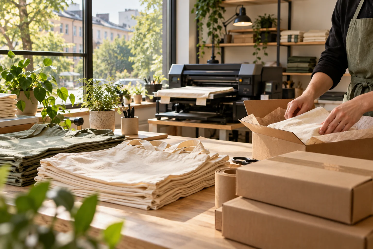 Småskalig lokal tryckverkstad med tygkassar och plagg på väg att packas