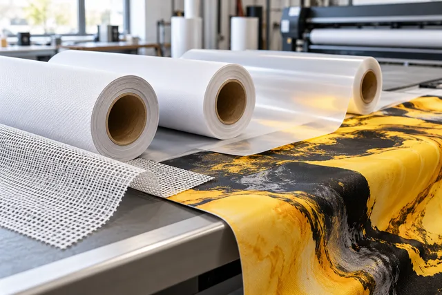 Rullar och provbitar av banner-, mesh- och ljusgenomsläppligt material på ett arbetsbord