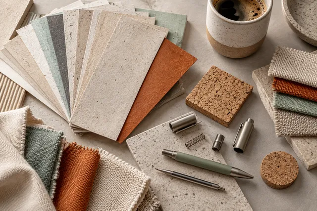 Materialprover av tyg, kork och återvunnet papper tillsammans med en återanvändbar mugg