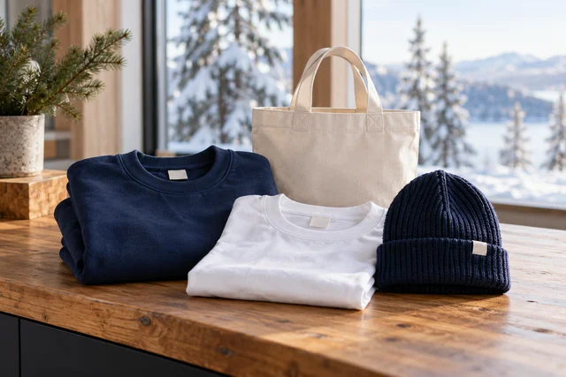 En mörkblå tröja, vit t-shirt, stickad mössa och omärkt tygkasse på en träbänk.
