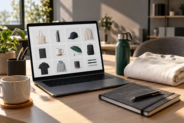 Dator med en illustrativ produktöversikt bredvid ett litet merch-sortiment