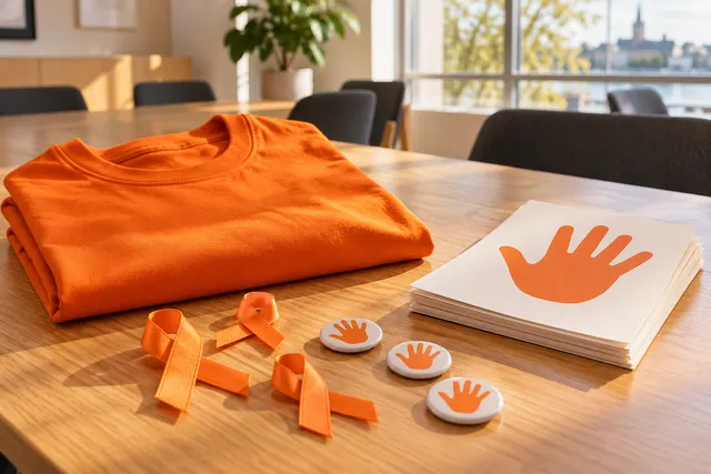 Orange kampanjtröja, band, pins och informationsblad på ett ljust bord inför en lokal aktivitet
