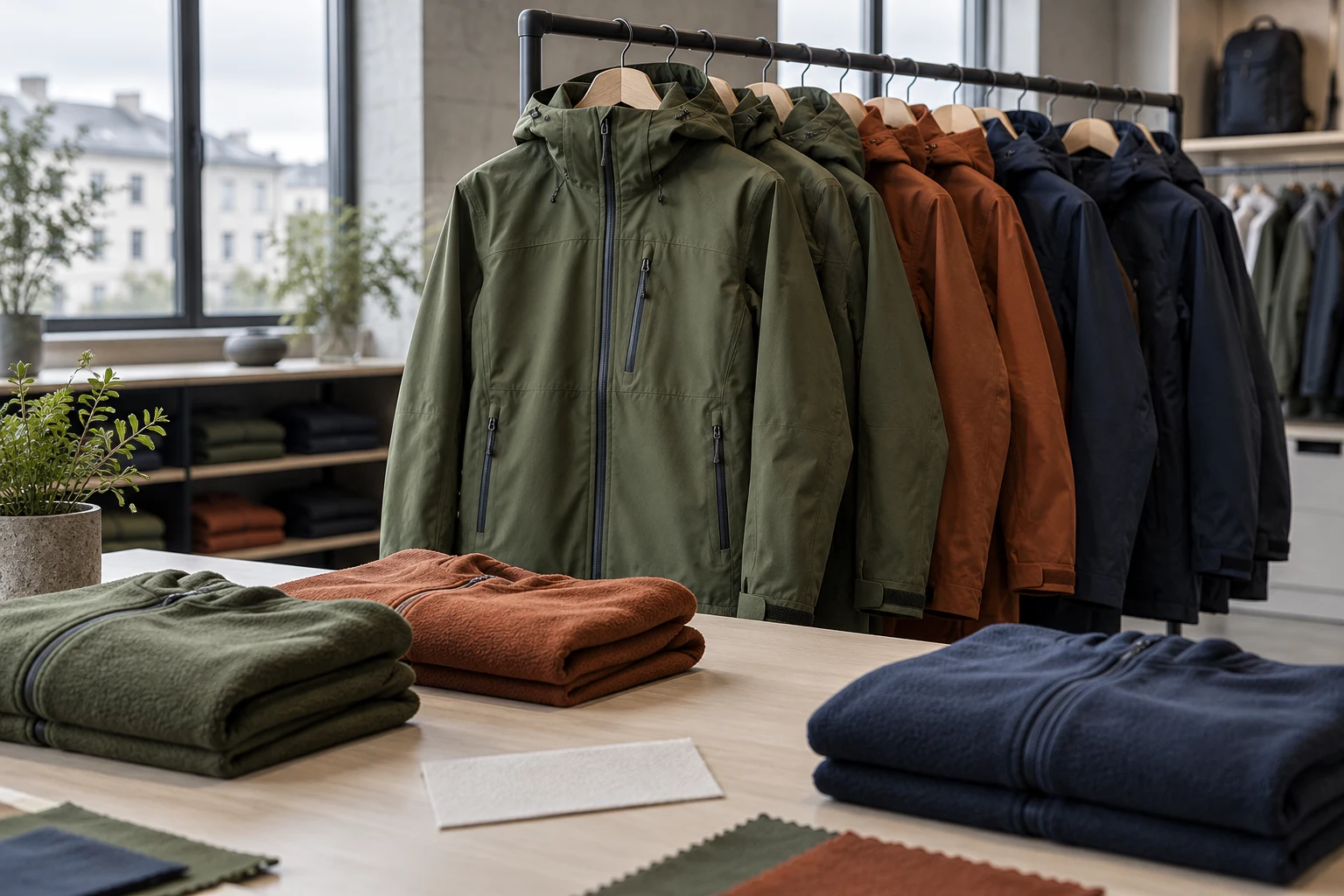 Omärkta outdoorjackor i grönt, rost och marinblått hänger bakom ett bord med vikta fleeceplagg.