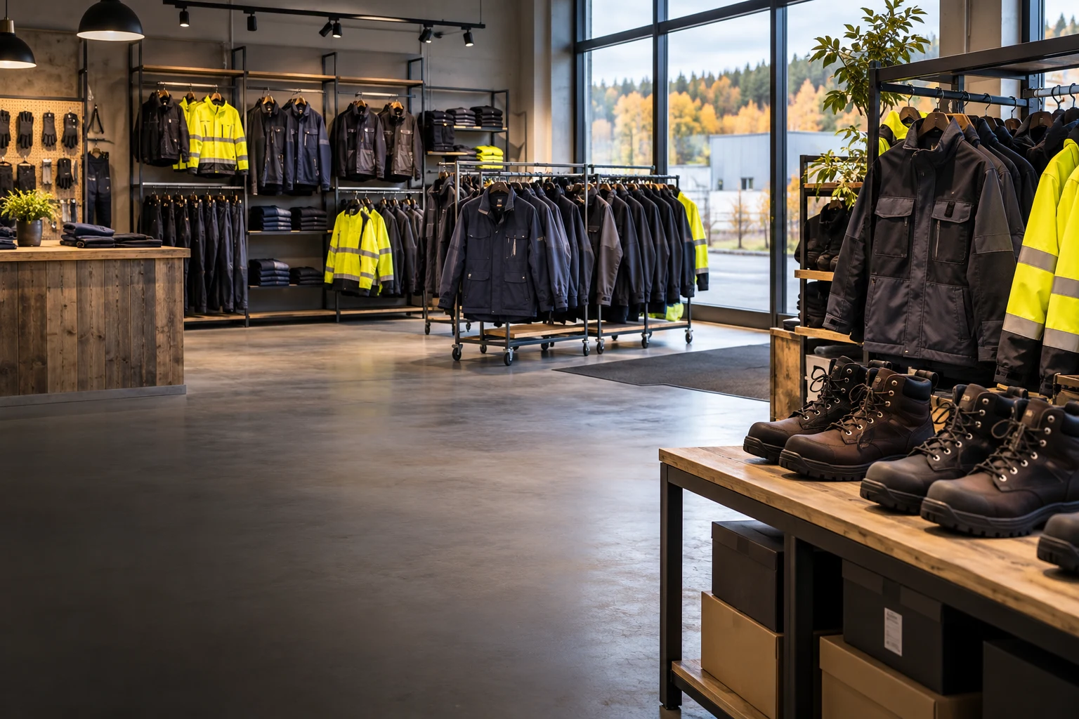 Illustrerad butiksmiljö med arbetskläder och skyddsskor