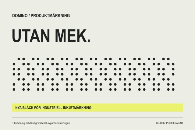 Grafik med prickmönster och texten Utan MEK, om Dominos industriella produktmärkning.