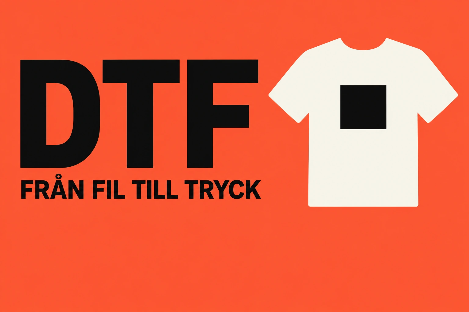 Svart DTF-text och Från fil till tryck med en vit tröjsymbol på korallröd bakgrund