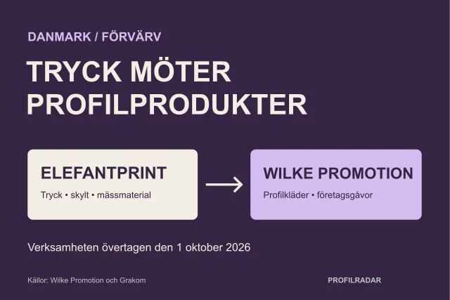 Elefantprint och Wilke Promotion binds samman med en pil. Tryck, skylt och mässmaterial möter profilkläder och företagsgåvor.