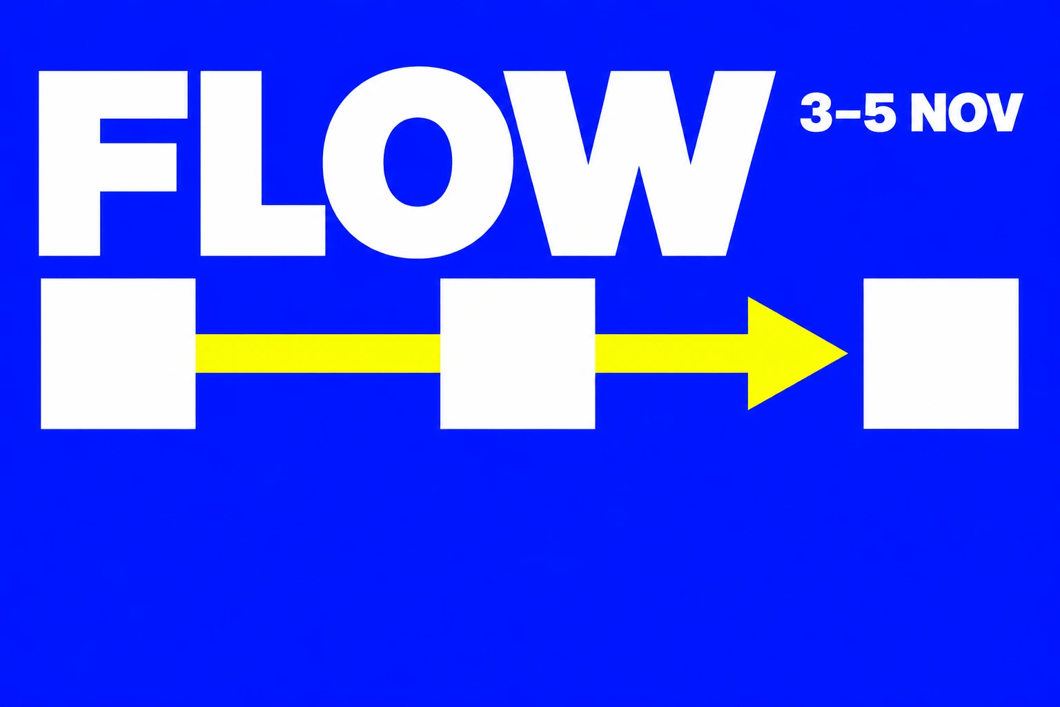 Vit FLOW-text, tre rutor och en gul pil på blå bakgrund.