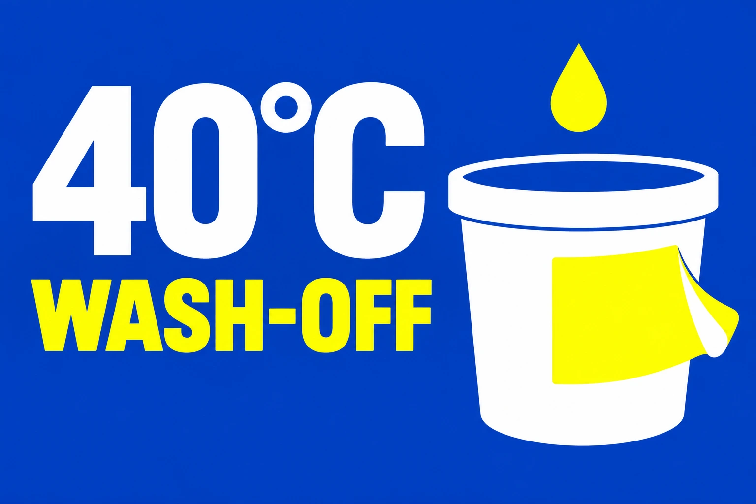 Texten 40 °C och WASH-OFF samt en stiliserad behållare med en etikett som lossnar.