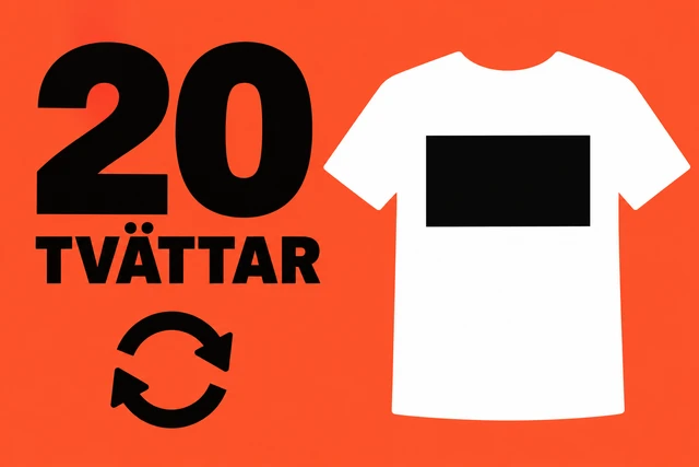 Talet 20, ordet TVÄTTAR och en stiliserad t-shirt på korallfärgad bakgrund.