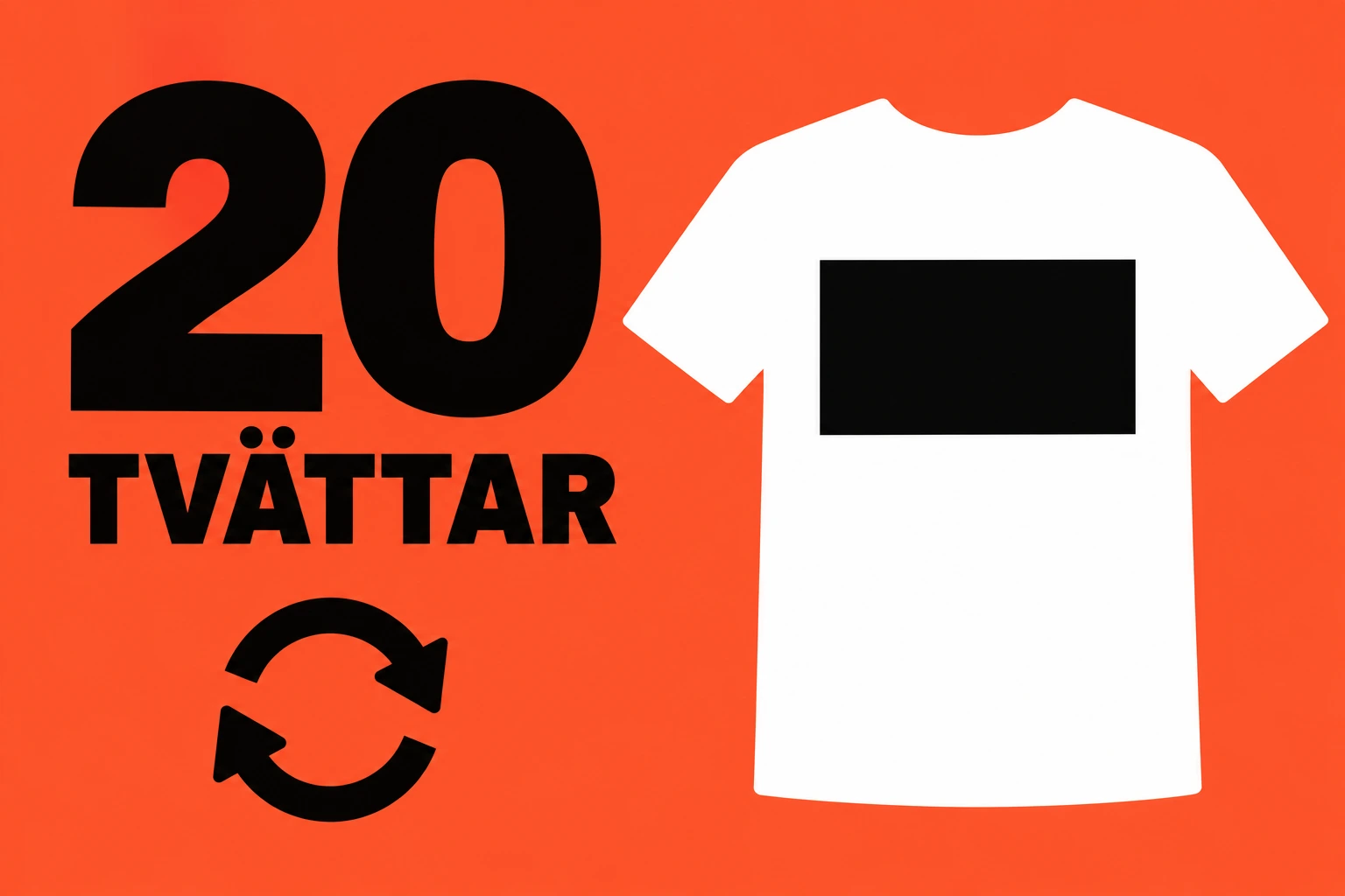 Talet 20, ordet TVÄTTAR och en stiliserad t-shirt på korallfärgad bakgrund.