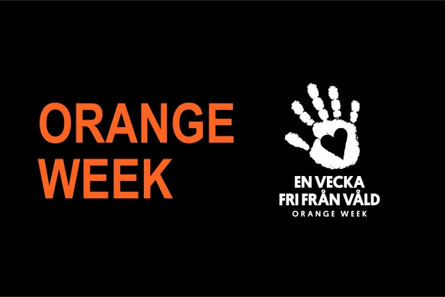 Orange Week i orange text och Azzcons vita kampanjlogotyp med hand och hjärta på helsvart bakgrund
