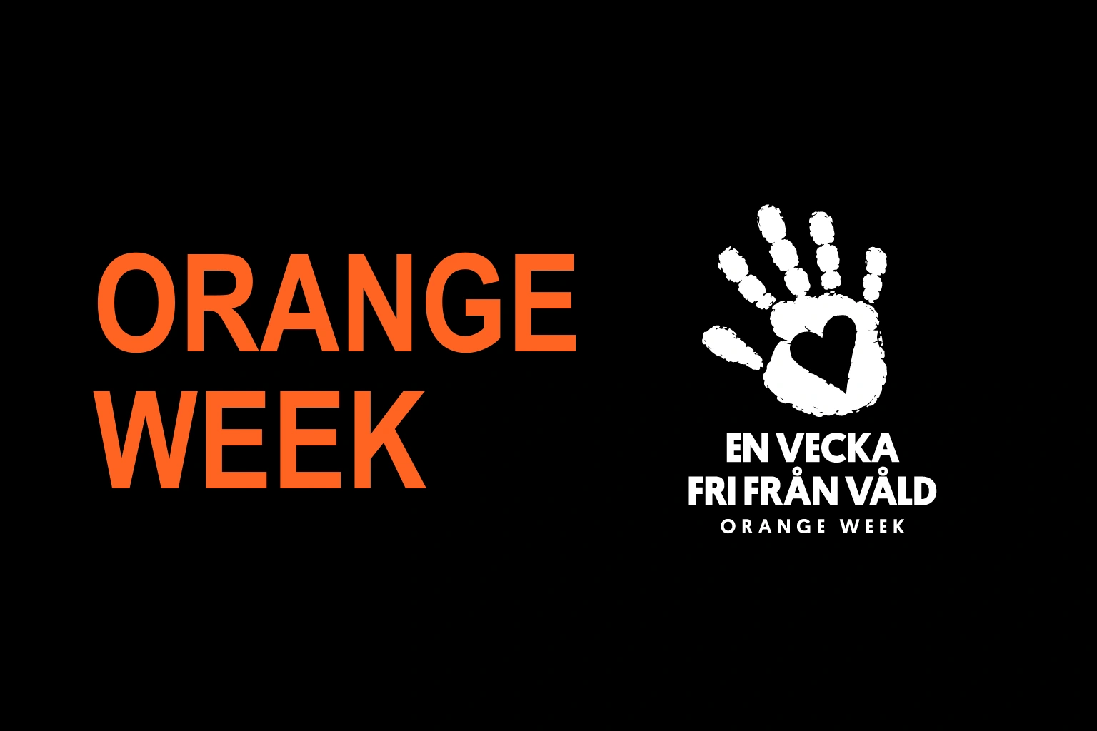 Orange Week i orange text och Azzcons vita kampanjlogotyp med hand och hjärta på helsvart bakgrund