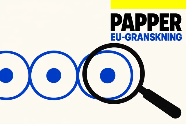Tre blå pappersrullar, ett förstoringsglas och texten PAPPER EU-GRANSKNING.