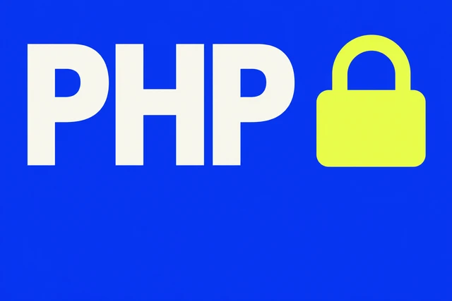 Stor vit PHP-text och gult hänglås på blå bakgrund