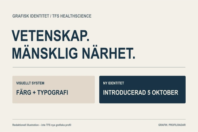 Redaktionell grafik om TFS HealthSciences nya identitet, med vetenskap, mänsklig närhet, färg och typografi.