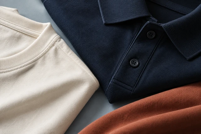 Närbild av en marinblå pikétröja och en benvit T-shirt med synliga textilstrukturer intill ett rostfärgat tyg