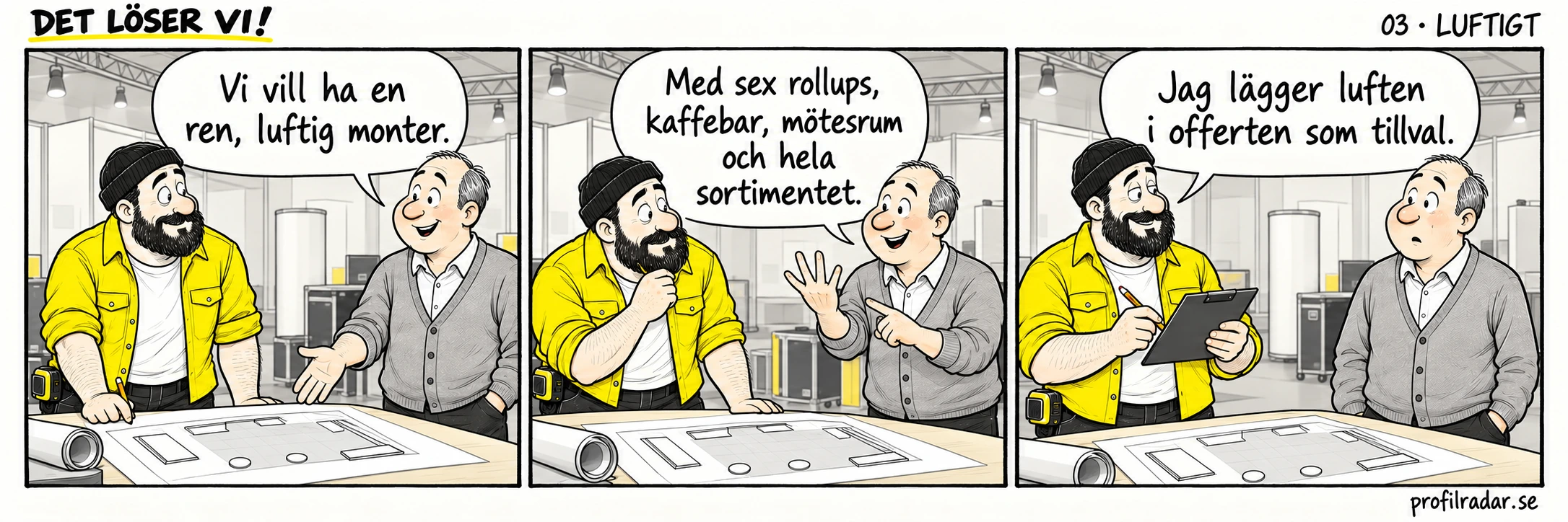 Tre rutor där en kund önskar en luftig monter, fyller den med önskemål och får Sams förslag att offerera luften som tillval.
